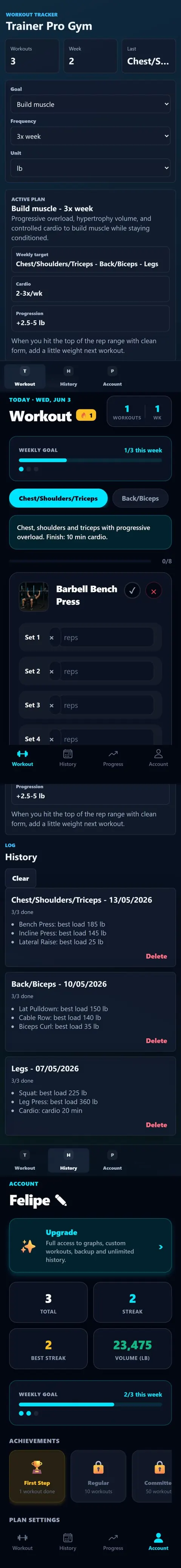 Telas do aplicativo Trainer Pro Gym